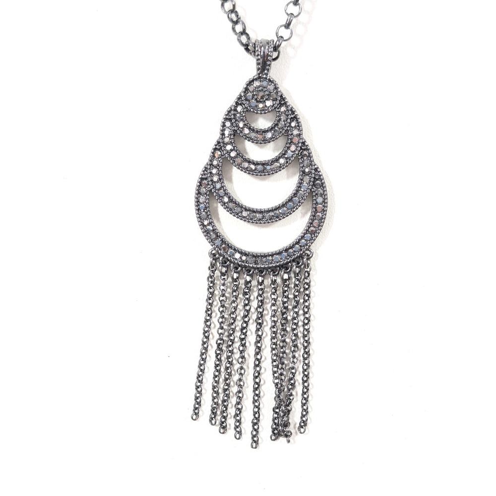 Liz Claiborne Gunmetal Gray Crystal Fringe‎ Pendant Long Chain Necklace 36 in